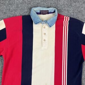 Roundtree & Yorke Polo Mens M Red Navy Cream Denim Collar Colorblock USA